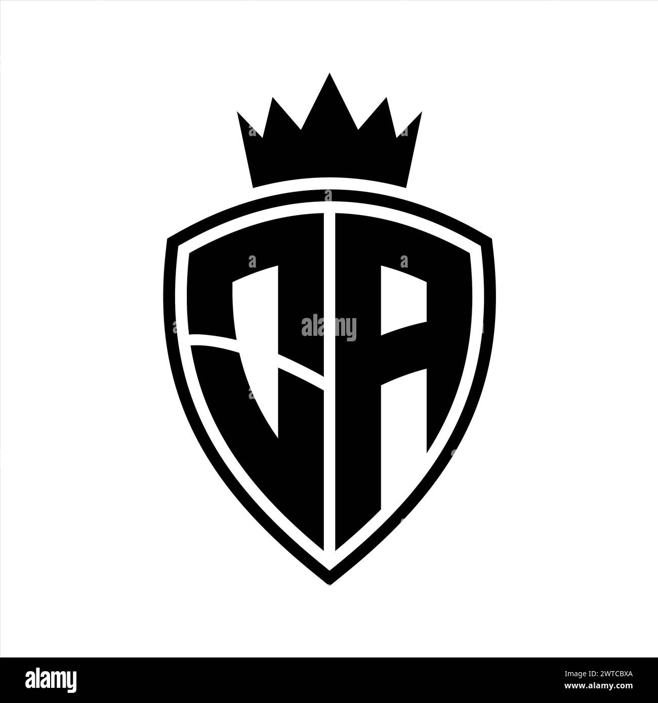 Auffälliges Monogramm mit Schild- und Kronenumrissform mit schwarzem und weißem Design Stockfoto