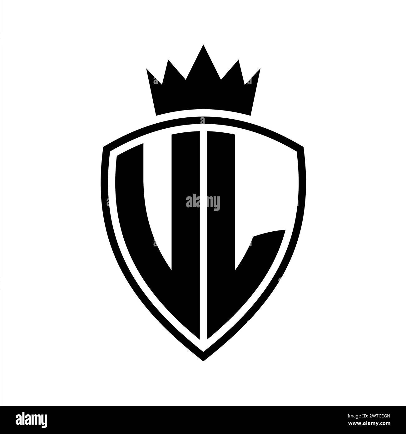 UL-Letter: Monogramm mit Schild- und Kronenumrissform mit schwarzer und weißer Farbvorlage Stockfoto
