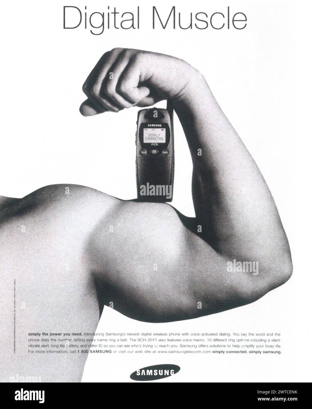 1998 Samsung SCH-2010 Wireless Phone Ad. „Digitaler Muskel... einfach verbunden.“ Stockfoto