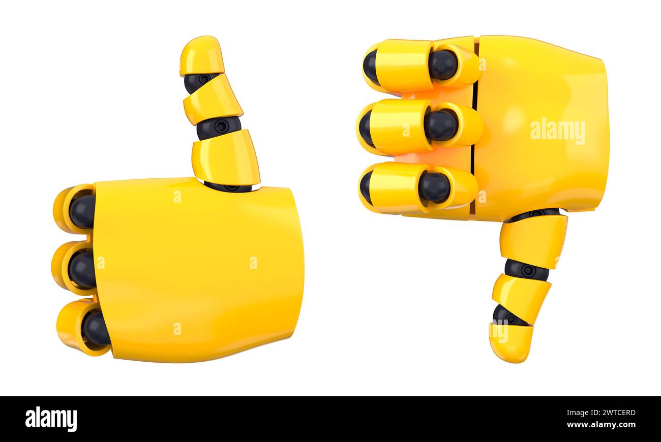 Gelbe Emoji-Roboterhände zeigen „gefällt mir“ und „nicht gefällt mir“-Gesten. Isolierte KI oder automatisiertes Konzept. 3D-Rendering Stockfoto