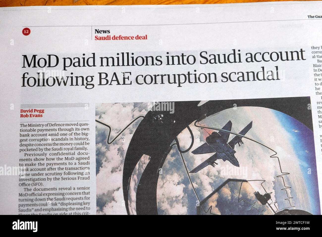 "MOD zahlte Millionen auf Saudi-Konto nach dem BAE-Korruptionsskandal." Guardian-Zeitung titelt Saudi-Arabien artikel 9. März 2024 London UK Stockfoto