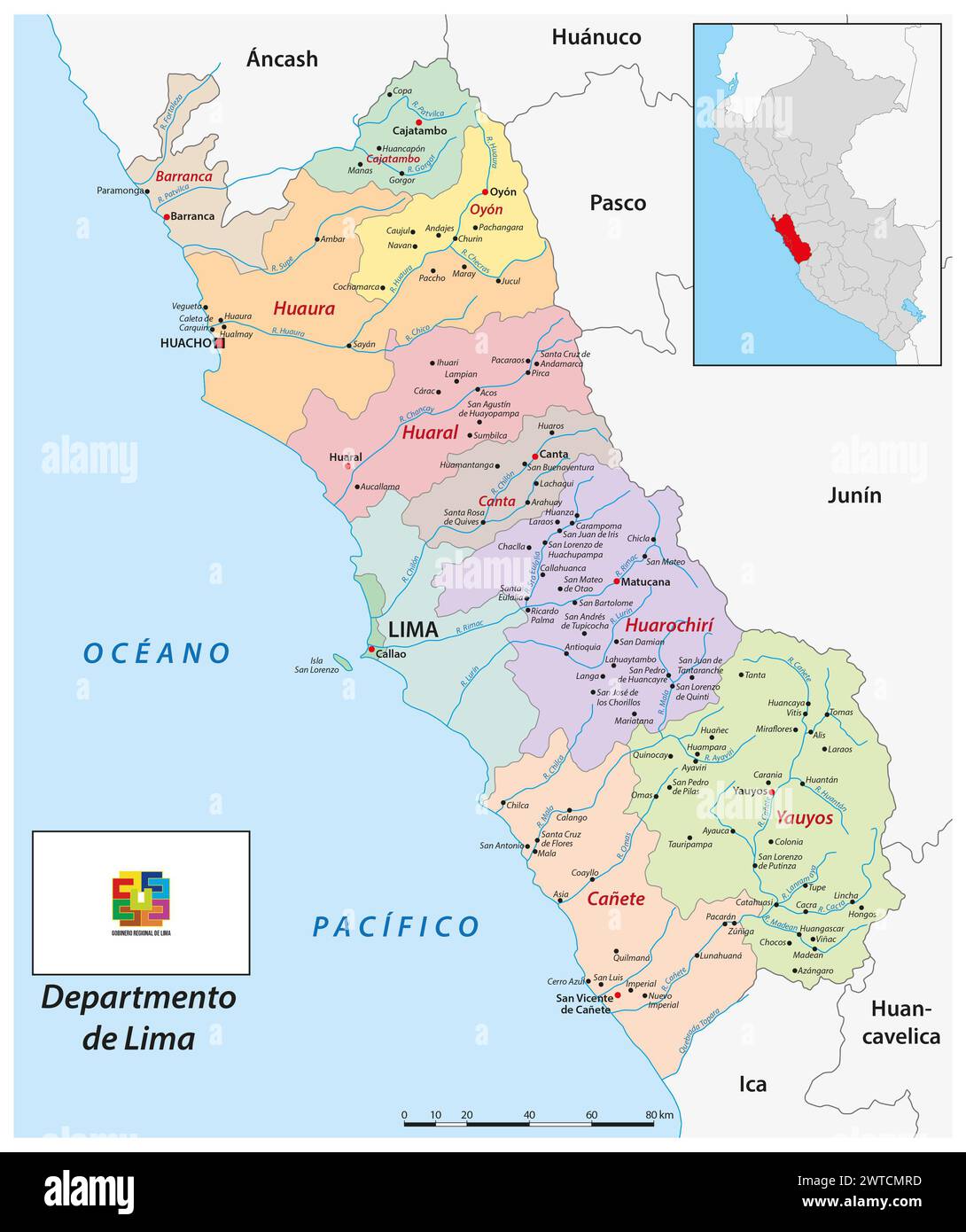 Administrative Vektorkarte der peruanischen Region Lima Stockfoto