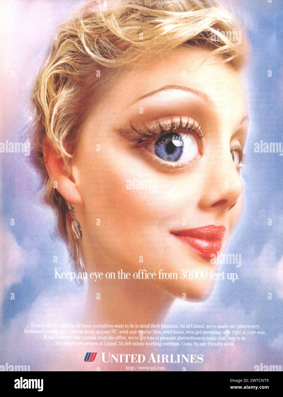 United Airlines Werbespot der 1990er Jahre „Beachten Sie das Büro im Auge...“ Stockfoto