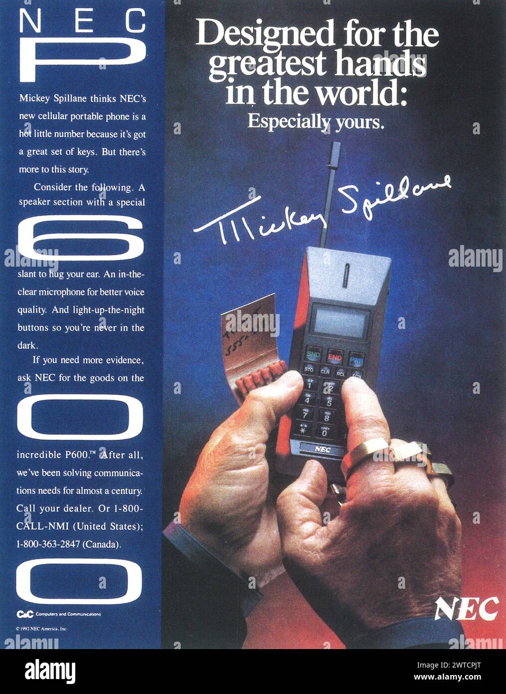 1992 NEC P600 Mobiltelefonwerbung. „Mickey Spillane denkt...“ Stockfoto