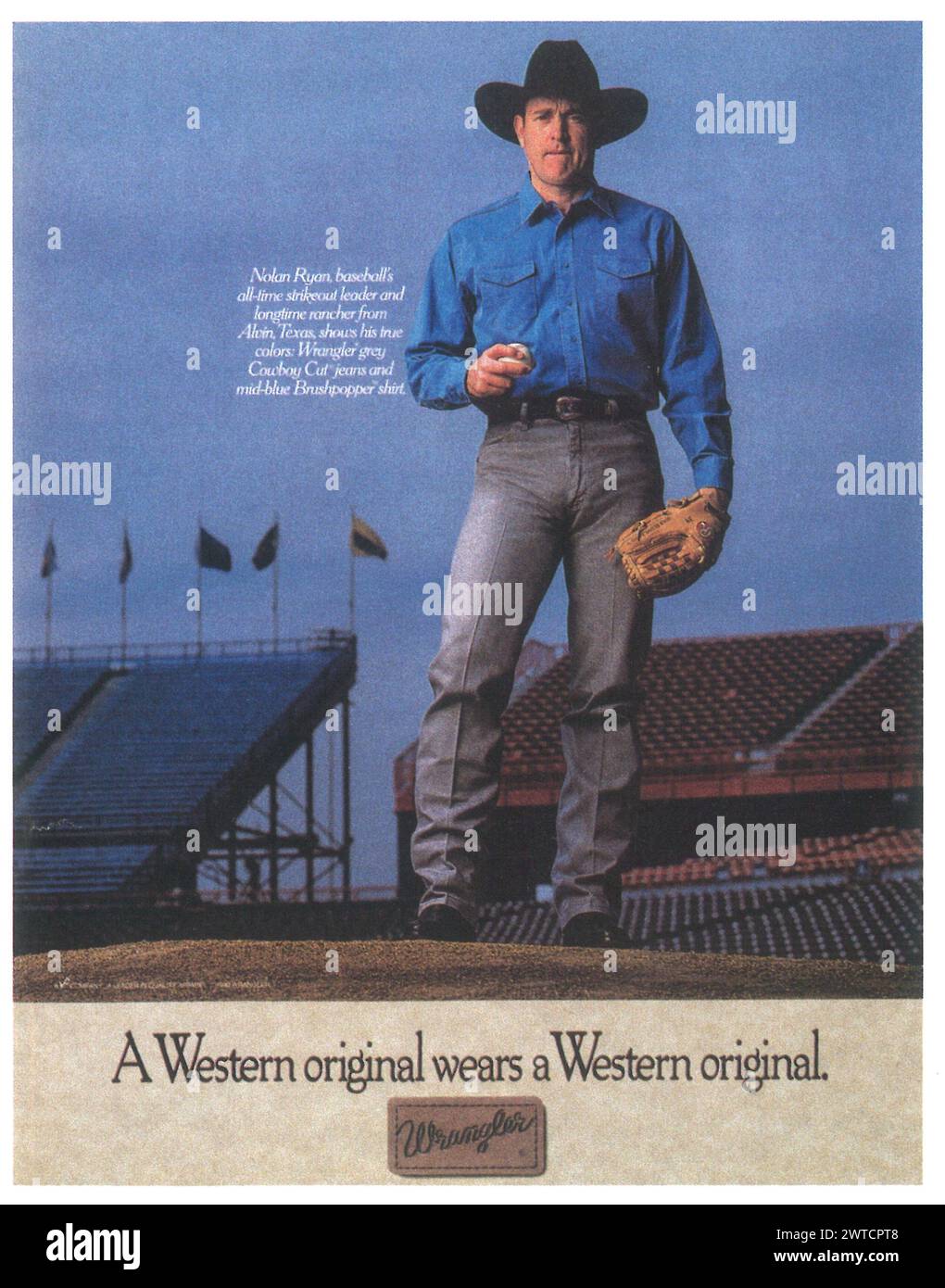 1991 Wrangler Jeans Werbespot mit Nolan Ryan. "Ein westliches Original trägt ein westliches Original." Stockfoto