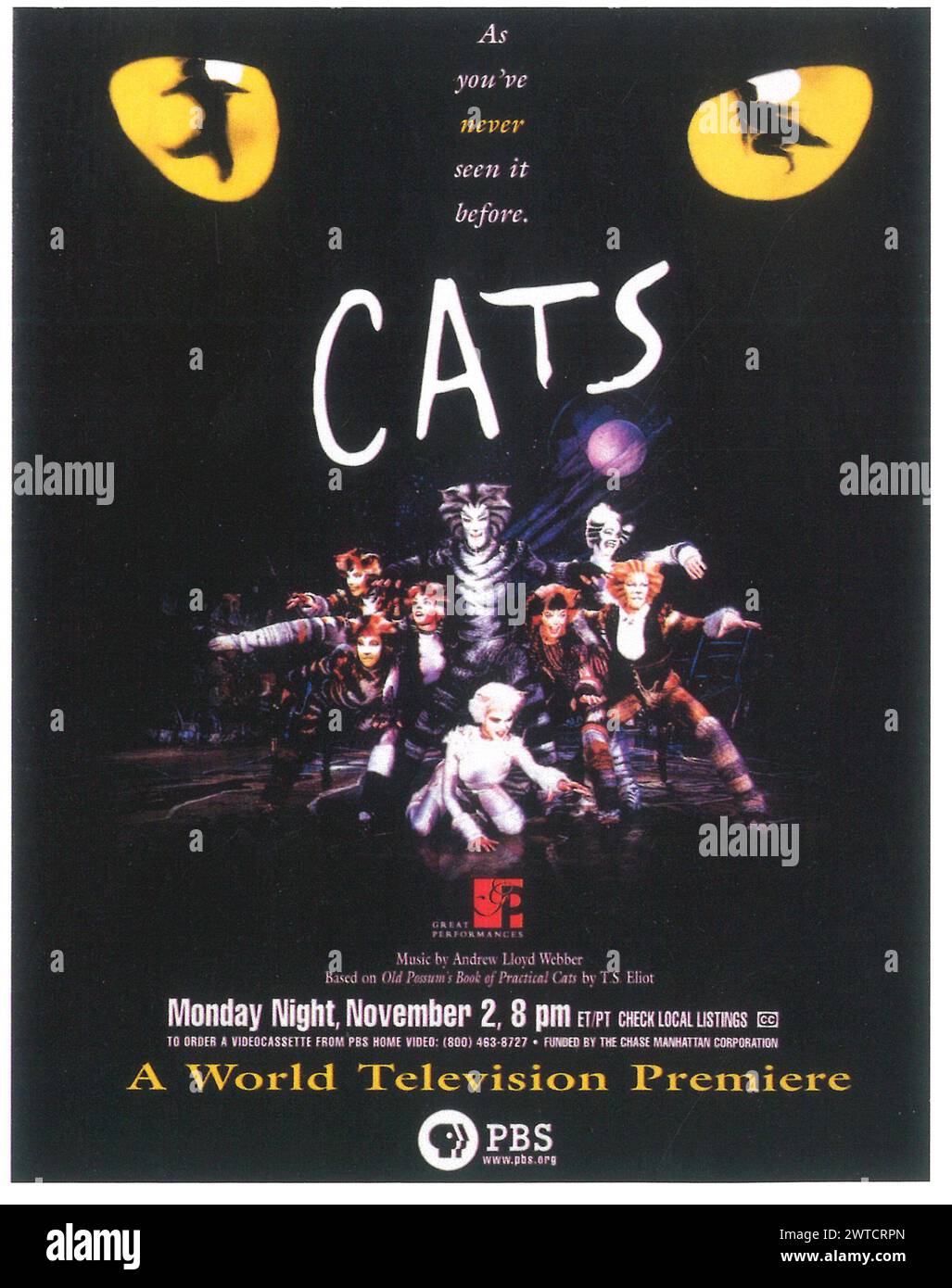 1998 Andrew Lloyd Webber – Cats Musical PBS World Television Premiere Posterwerbung Stockfoto