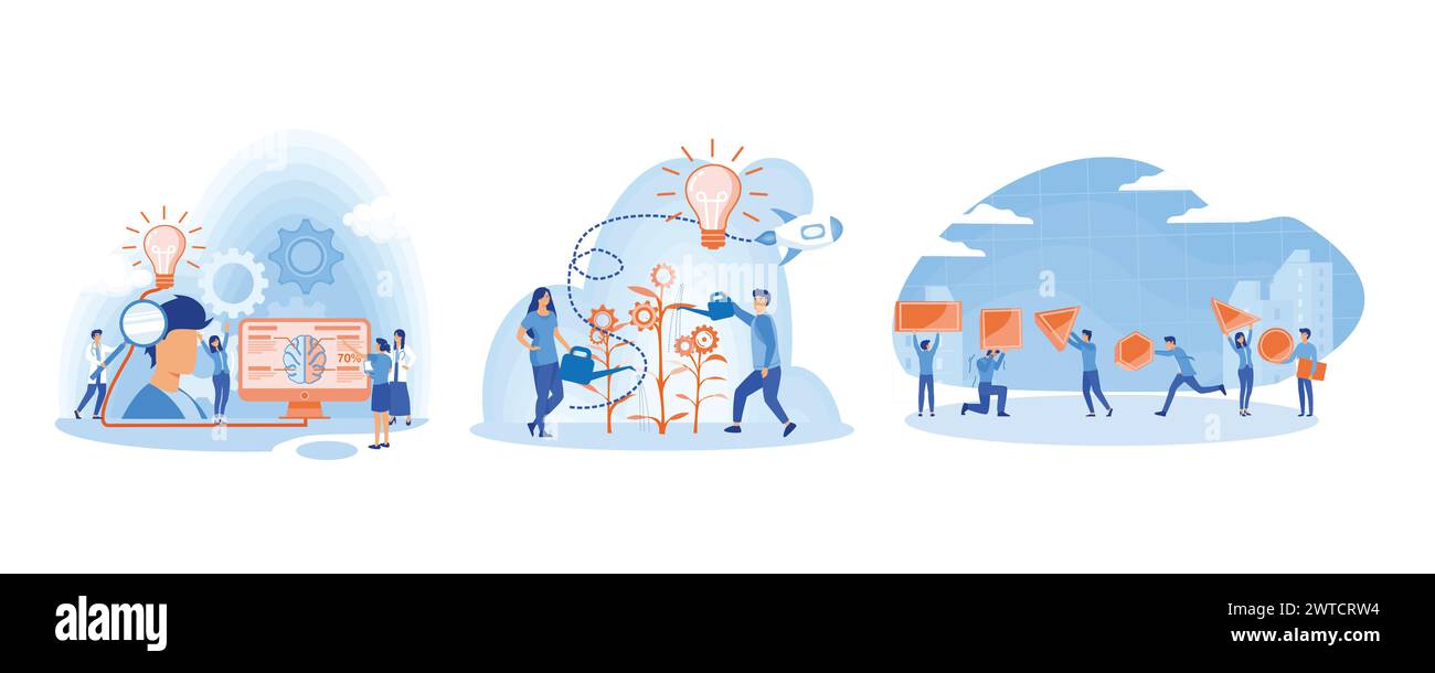 Das Team der Informationsposter arbeitet an der Idee zur Umsetzung. Teamarbeit bei der Suche nach neuen Ideen. Teamwork Cooperation, Kollektive Arbeit, Partnerschaftskonzept. Stellen Sie fla ein Stock Vektor