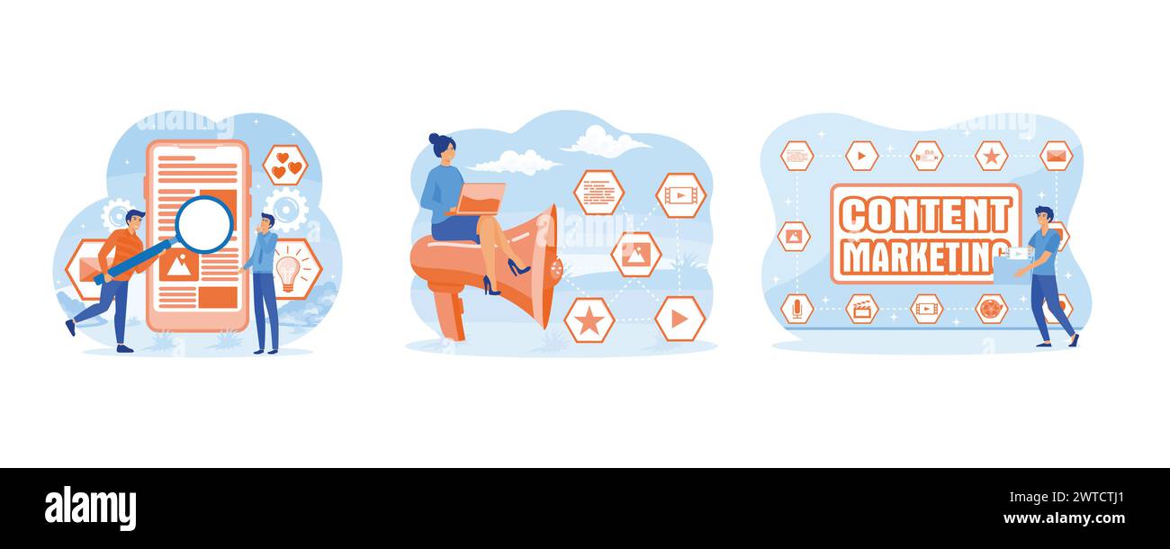 Content Marketing, Blogging-Konzept. Schaffung, Vermarktung und Austausch digitaler Inhalte. Content Marketing und Blogging-Konzept. Legen Sie einen flachen Vektor modern illust Stock Vektor