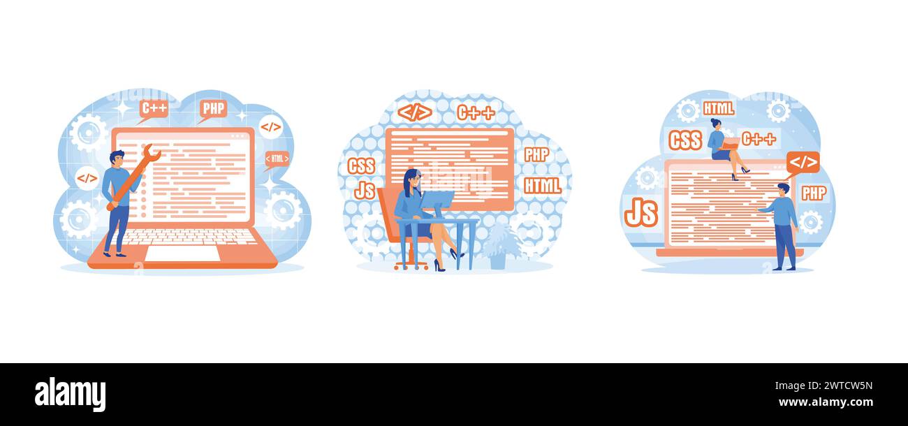 Webentwicklung. Programmierung und technische Entwicklung. Programmierer oder Entwickler erstellen eine Programmiersprache. Legen Sie den flachen Vektor modern illustratio fest Stock Vektor