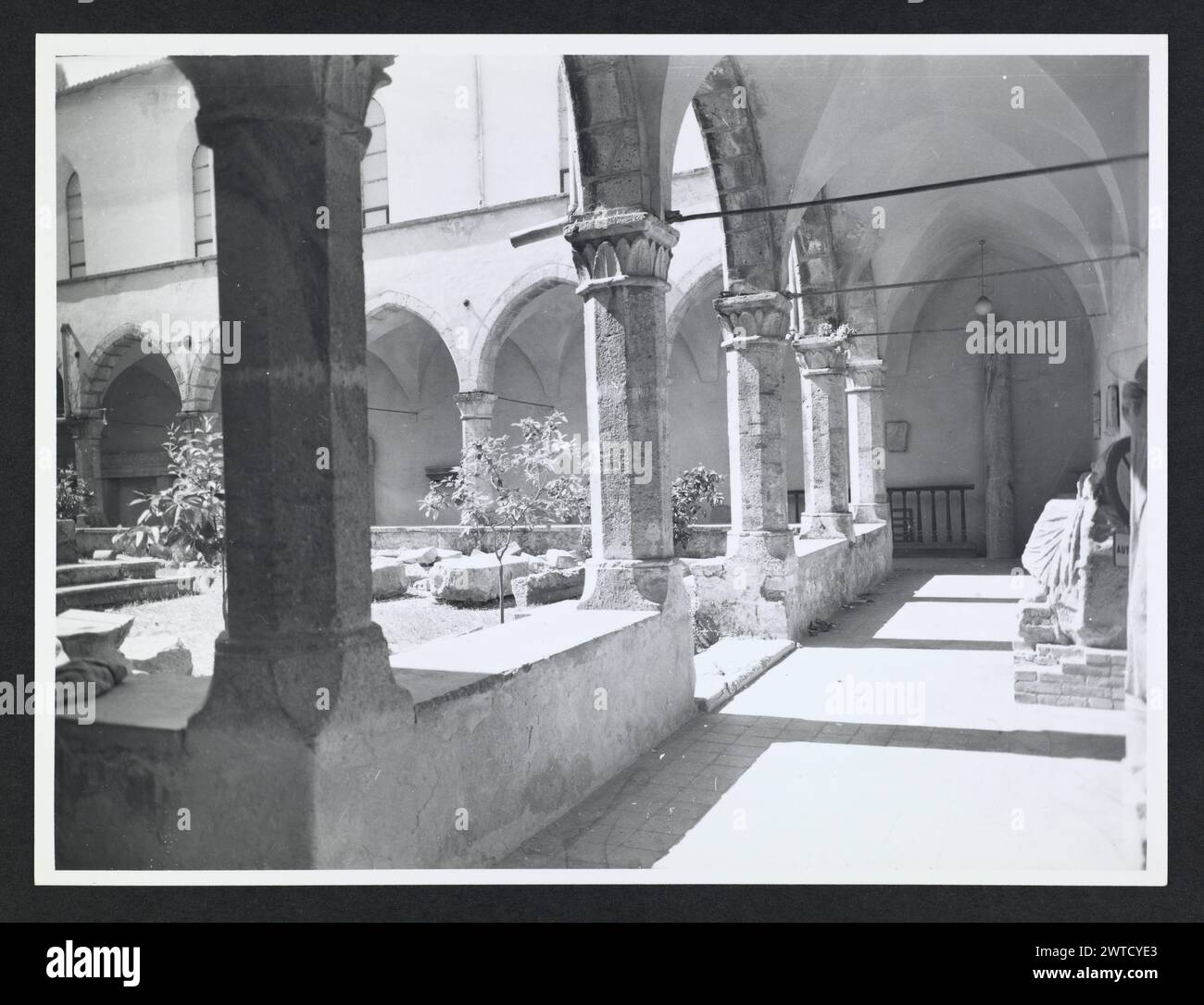 Lazio Latina Fondi S. Francesco2. Hutzel, Max. 1960-1990, drei Ausblicke von außen; Innenansicht des Kirchenschiffs und der gewölbten Decke; Blick auf den Kreuzgang. Allgemeine Anmerkungen: Kreuzgangansichten, nummeriert H-15 bis H-30, sind Teil der numerischen Sequenz, die mit Madonna del Soccorso beginnt. Der in Deutschland geborene Fotograf und Gelehrte Max Hutzel (1911–1988) fotografierte in Italien von den frühen 1960er Jahren bis zu seinem Tod. Das Ergebnis dieses Projektes, von Hutzel als Foto Arte Minore bezeichnet, ist eine gründliche Dokumentation der kunsthistorischen Entwicklung in Italien bis zum 18. Jahrhundert, einschließlich der Objekte der Etrusker und der Ro Stockfoto