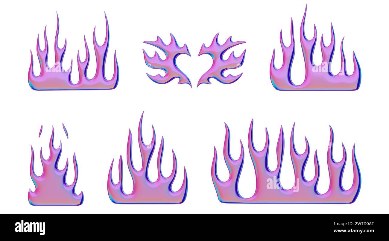 3D-Flammen. Set trendiger Y2K-Elemente. Verchromte Feuerformen mit Flüssigmetalleffekt. 3D-Rendering. Isolierte Illustrationen. Stockfoto