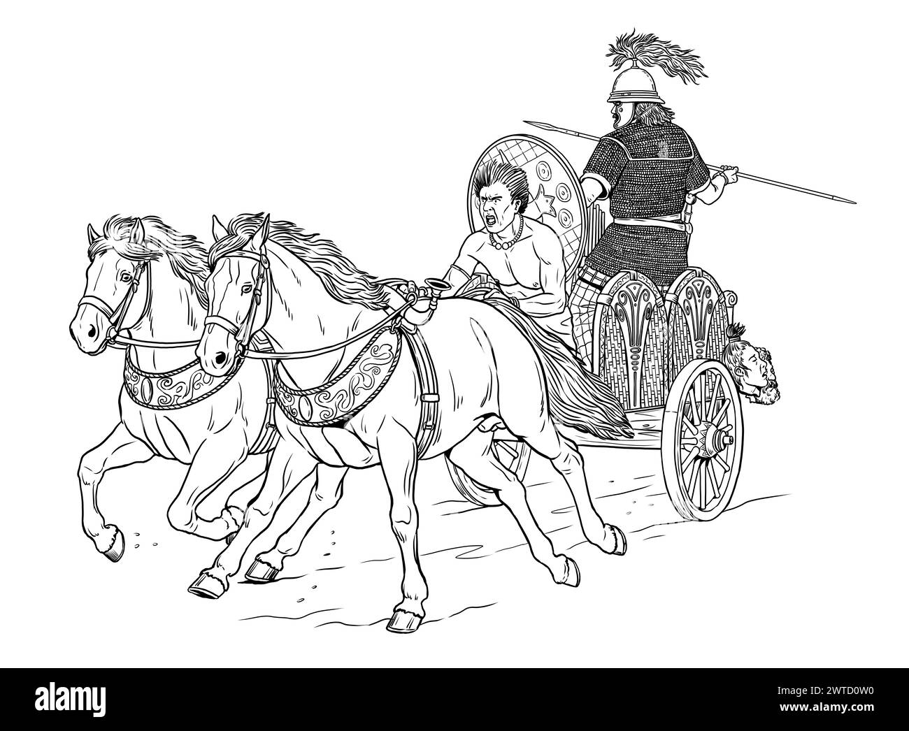 Ein alter keltischer Wagen beim Angriff. Historische Zeichnung. Stockfoto