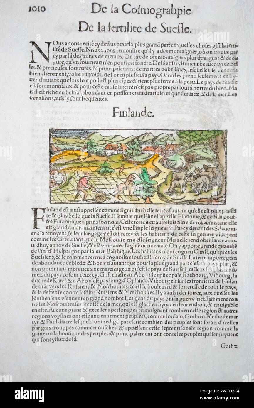 Der fließende Holzschnitt ist das erste Bild, das jemals in Finnland veröffentlicht wurde. Ein deutscher Katrograf Sebastian Münster (1488–1552) machte eine der meisten Popula Stockfoto