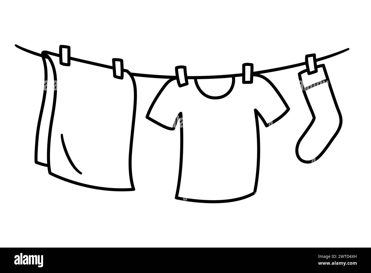 Kleidung hängt zum Trocknen auf der Wäscheleine, einfache Zeichentrickzeichnung. Schwarz-weiße Wäsche-Doodle-Symbol. Handgezeichnete Vektorgrafik. Stock Vektor