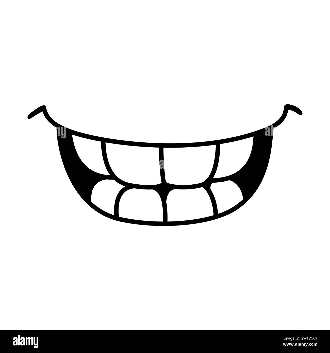 Lächelnder Mund mit Zähnen, einfache Doodle-Zeichnung. Einfaches schwarz-weißes Zeichentricksymbol. Handgezeichnete Vektorgrafik. Stock Vektor