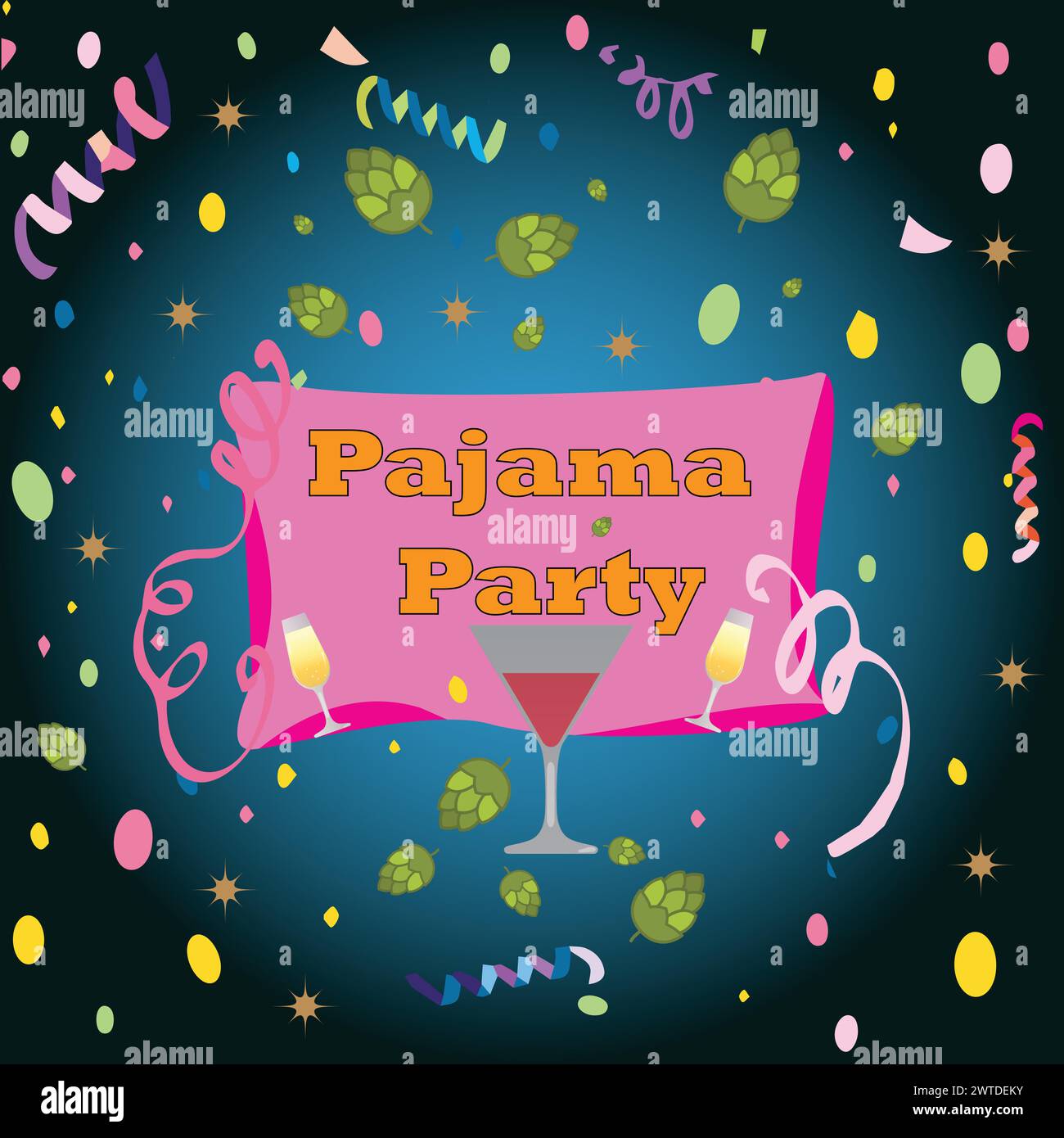 Pinkfarbenes Kissen auf festlichem Hintergrund mit der Text Pyjama Party Stock Vektor