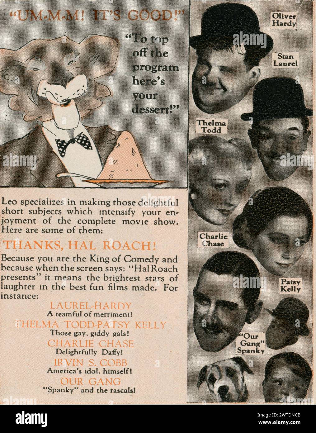 Werbewerbung von 1934 für Comedy-Shorts mit STAN LAUREL und OLIVER HARDY THELMA TODD PATSY KELLY CHARLIE / CHARLEY CHASE und UNSERER GANG produziert von HAL ROACH für den Vertrieb von Metro Goldwyn Mayer Stockfoto