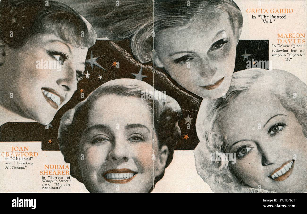 Werbewerbung für Metro Goldwyn Mayers größte weibliche Stars JOAN CRAWFORD NORMA SHEARER GRETA GARBO und MARION DAVIES Stockfoto