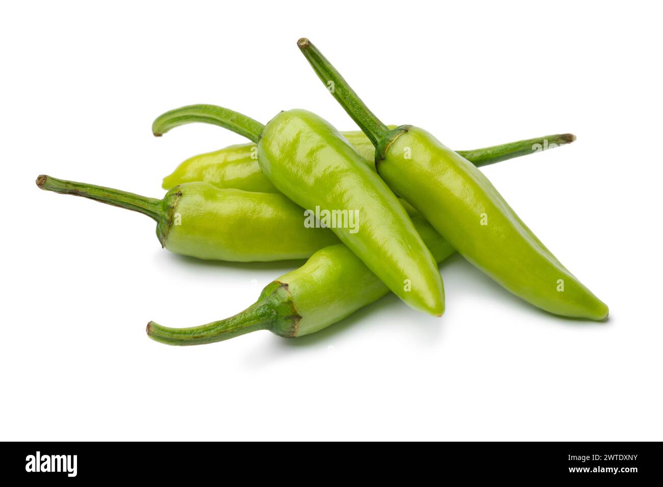 Haufen von ganzen frischen, rohen, grünen Paprika aus nächster Nähe isoliert auf weißem Hintergrund Stockfoto