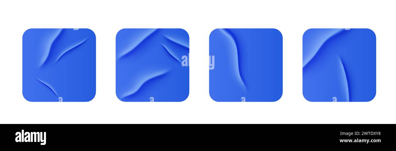 Weiße Aufkleber, verklebte Papierpflaster und Klebebänder mit Falten. Satz quadratischer leerer Klebeetiketten und Etiketten mit Falten. Vektorabbildung Stock Vektor