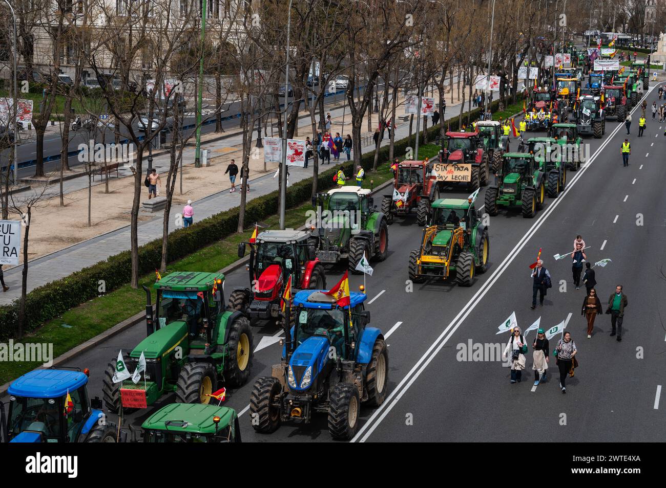 Madrid, Spanien. März 2024. Bauern und Traktoren demonstrieren, die durch das Stadtzentrum marschieren. Rund 100 Traktoren und Landwirte haben marschiert und faire Preise und eine Änderung der europäischen Politik gefordert. Quelle: Marcos del Mazo/Alamy Live News Stockfoto