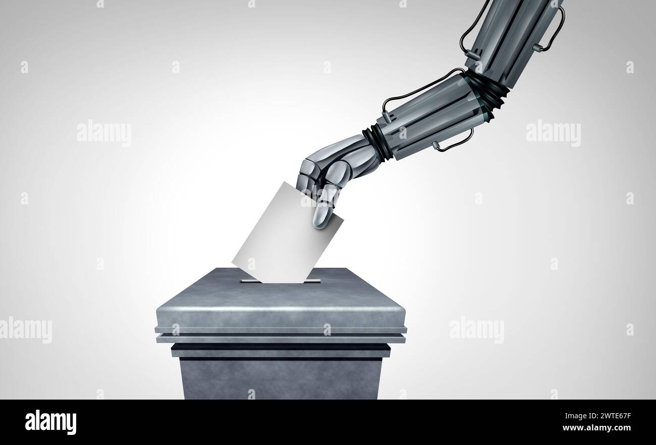 KI und Wahlwahl als künstliche Intelligenz mit autonomen Wahltechnologien, die Wahlen als maschinelle Demokratie als Roboter-Wählerkastin stören Stockfoto
