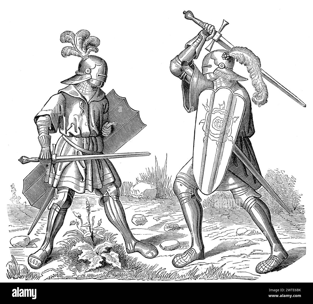 Ein einziger Kampf, kämpfende Ritter in Rüstung, 15. Jahrhundert Stockfoto
