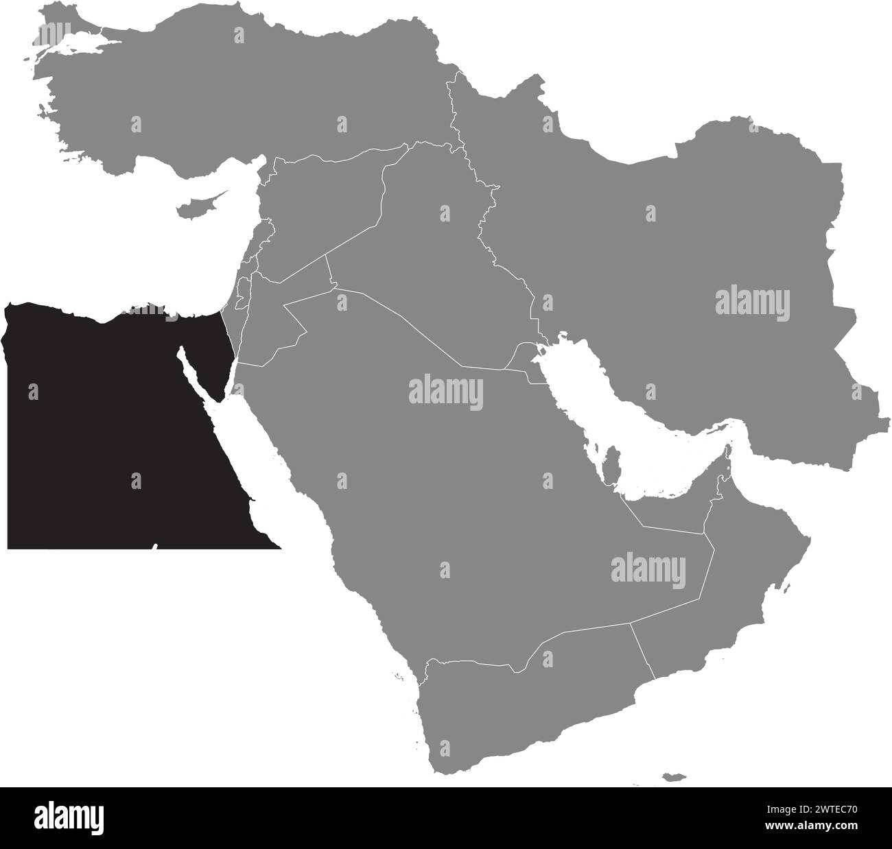 Schwarze Karte von ÄGYPTEN in grauer Karte des Nahen Ostens Stock Vektor