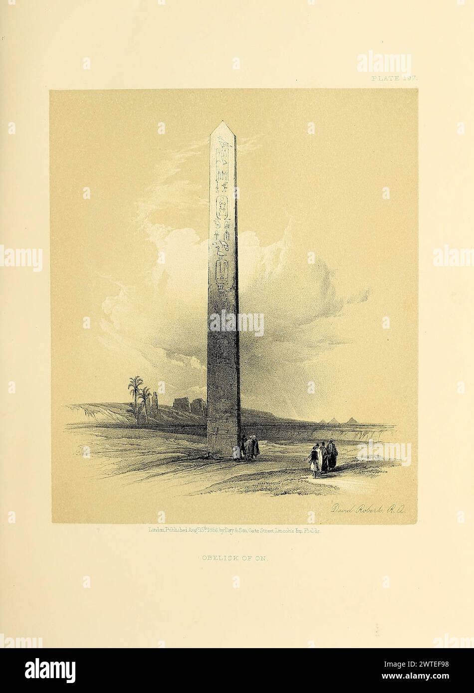 Obelisk von On, Ägypten. Vintage-Lithographie. Bilder des schottischen Künstlers David Roberts, ca. 1850er Jahre Stockfoto