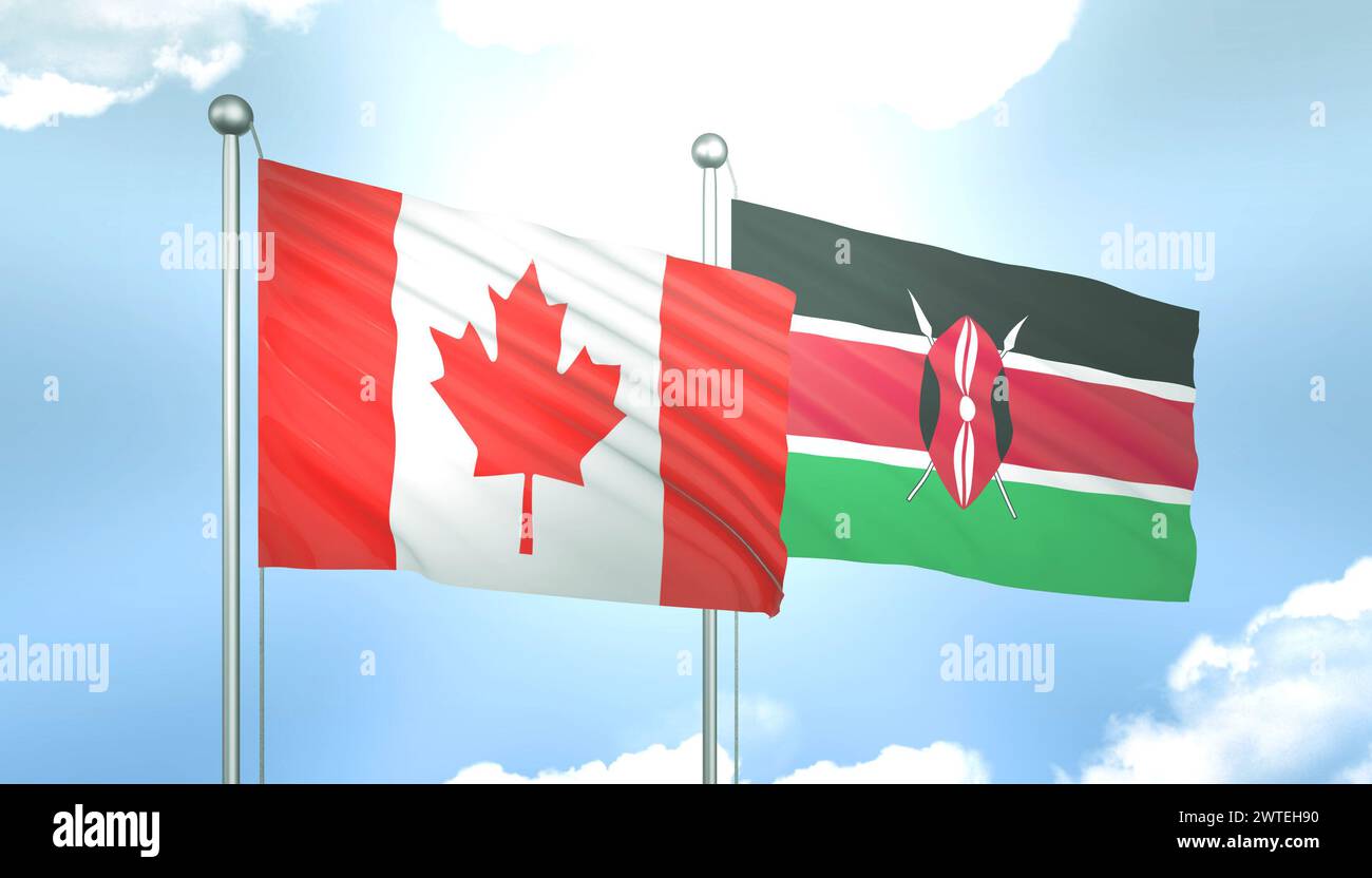 3D-Flagge Kanadas und Kenias am blauen Himmel mit Sonnenschein Stockfoto