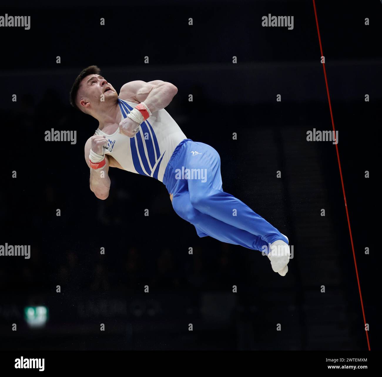 17. März 2024, M&amp;S Bank Arena, Liverpool, England; British Gymnastics Championships Day 4; Men's Apparate Final Rings – Harry Hepworth Stockfoto