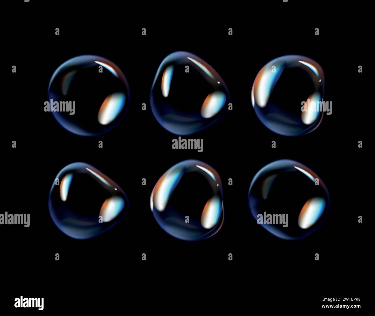 Glänzende Seifenblasen auf schwarzem Hintergrund. Transparente Seifenblasen mit Reflexion Stock Vektor