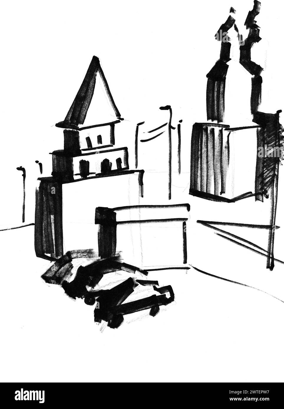 turm, Kirche und Parkplatz auf dem Stadtplatz in von Hand gezeichnet mit schwarzem Filzstift auf weißem Papier. Yoschkar-Ola, Russland Stockfoto