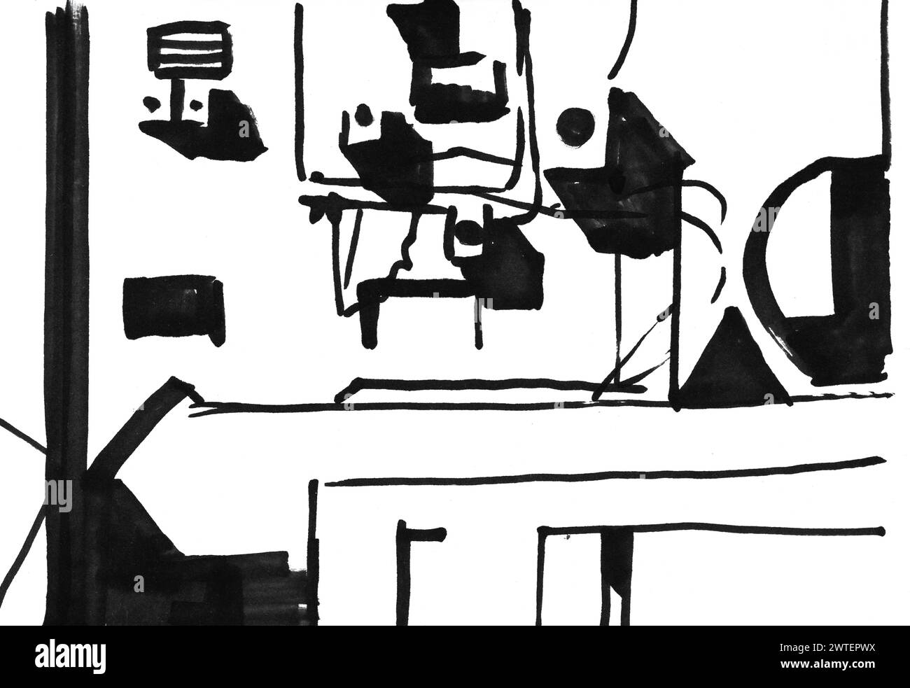Klimaanlage und CCTV-Kameras an der Wand eines Wohngebäudes, von Hand in schwarzer Tinte auf weißem Papier gezeichnet. Jaroslawl, Russland Stockfoto