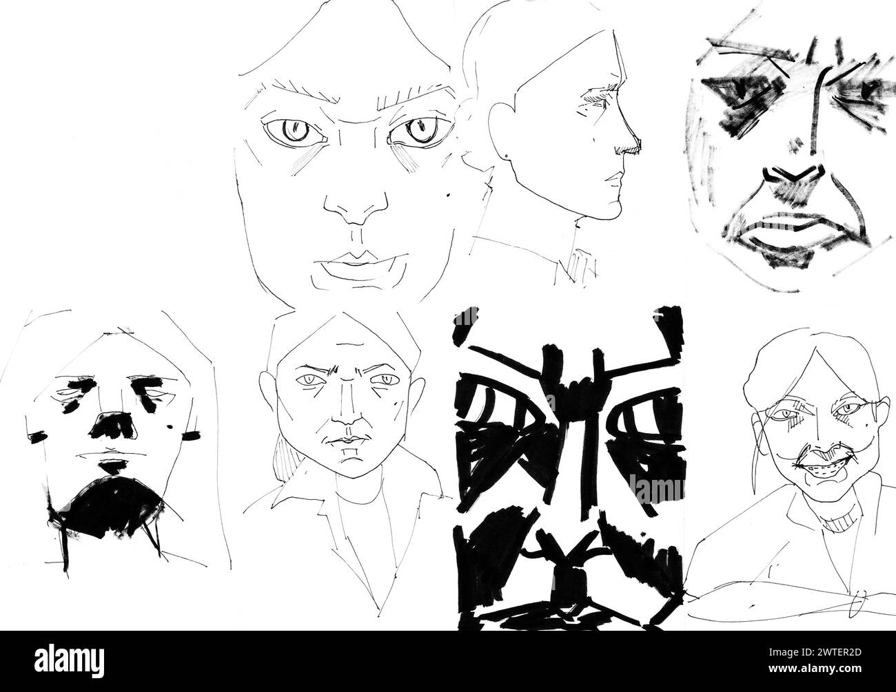 Skizzen menschlicher Gesichter mit verschiedenen Grimassen, die von Hand mit einem schwarzen Filzstift und Tinte auf weißem Papier gezeichnet wurden Stockfoto