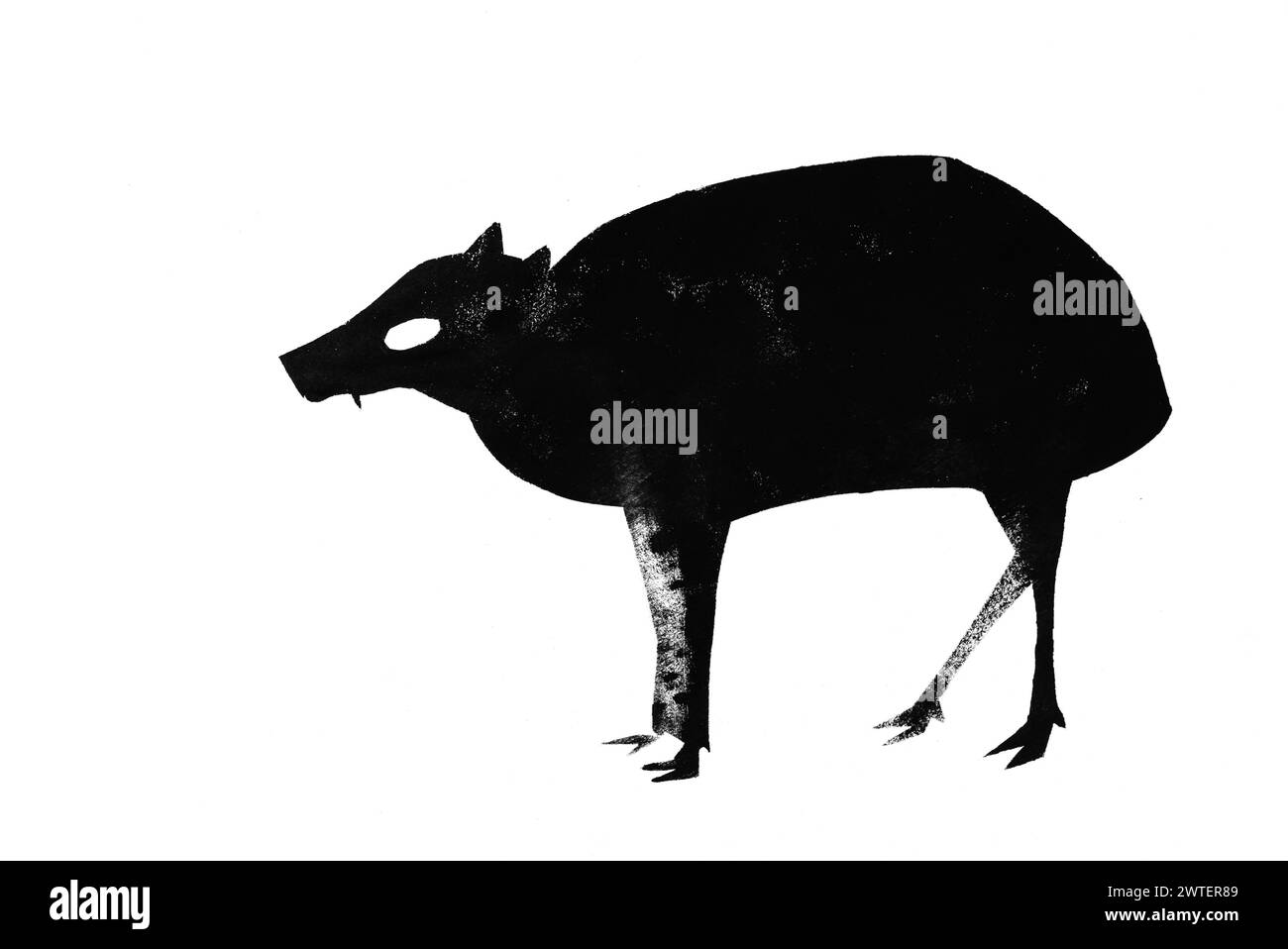 Silhouette einer Säbelzahnmaus, von Hand gezeichnet mit Stempel mit schwarzer Temperafarbe auf weißem Papier Stockfoto