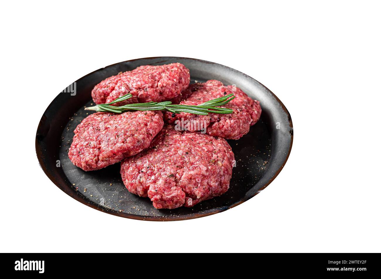 Rohe Frikadellen aus Hackfleisch, rohe Fleischkoteletts. Isoliert auf weißem Hintergrund. Draufsicht Stockfoto