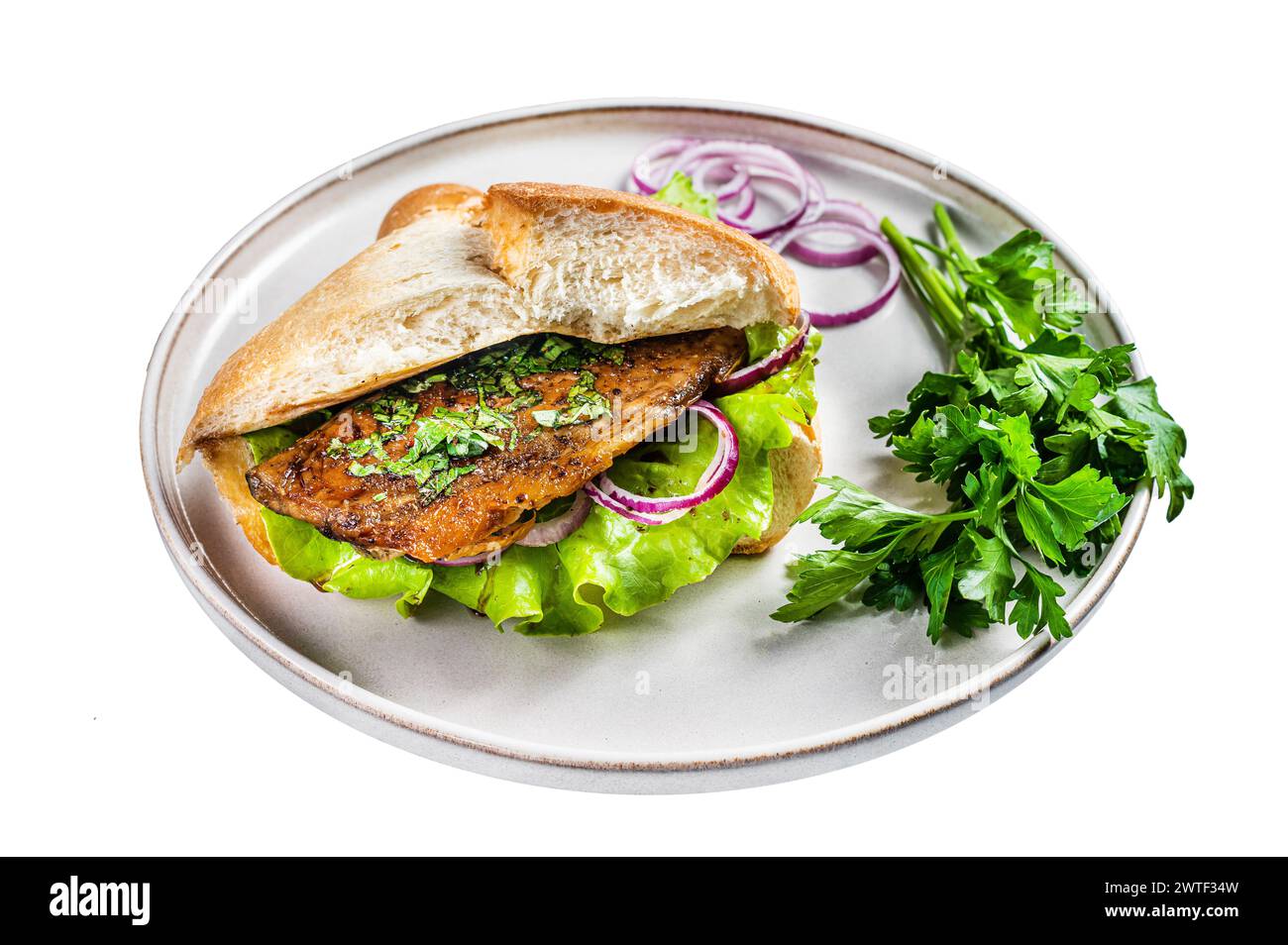 Balik Ekmek türkisches Fisch-Sandwich mit gegrilltem Makrelenfilet in einem Brötchen. Isoliert auf weißem Hintergrund. Draufsicht. Stockfoto