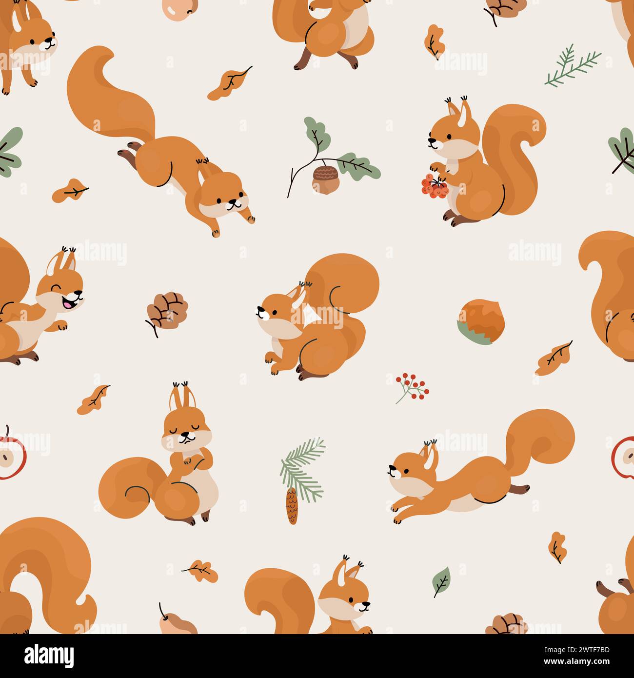Nahtloses Eichhörnchen-Muster. Niedliche Waldhörnchen, lustige Zeichentrickfiguren. Vintage-Stil kindlicher Stoffdruck, heute Vektor-Hintergrund Stock Vektor