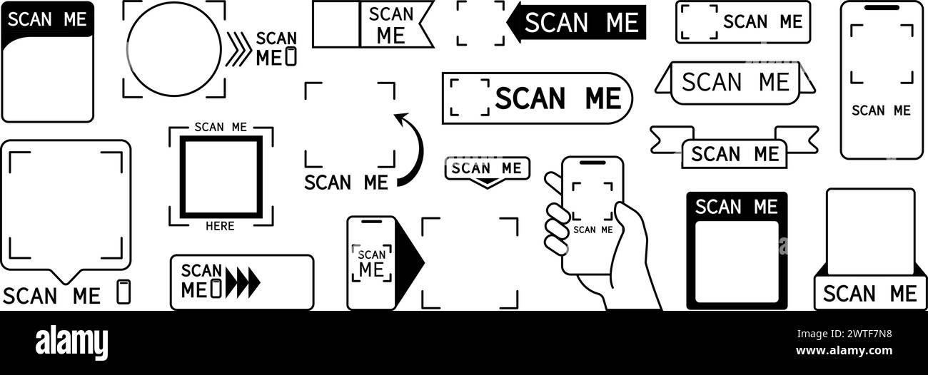 Bilder werden gescannt. QR-Codes Aufkleber und Scan-Me-Beschriftung. Leere Infobanner Vorlagen, Barcodebereiche oder Weblabels, anständige Vektorsätze Stock Vektor