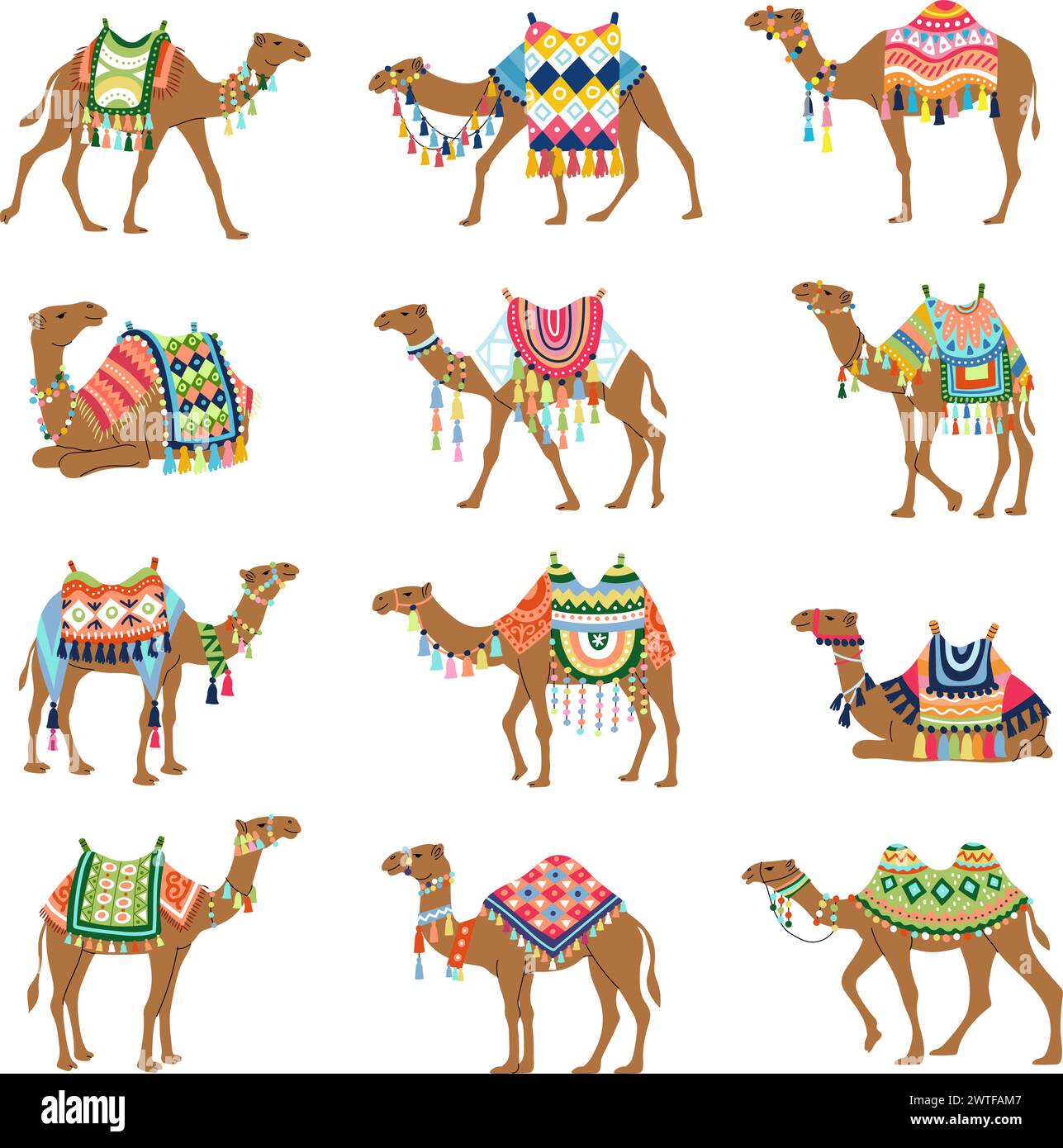 Kamel. Dekorative Bilder von Kamelen aus der sahara Wüsten aktuelle Vektorillustrationen Set von stilisierten Illustrationen Stock Vektor