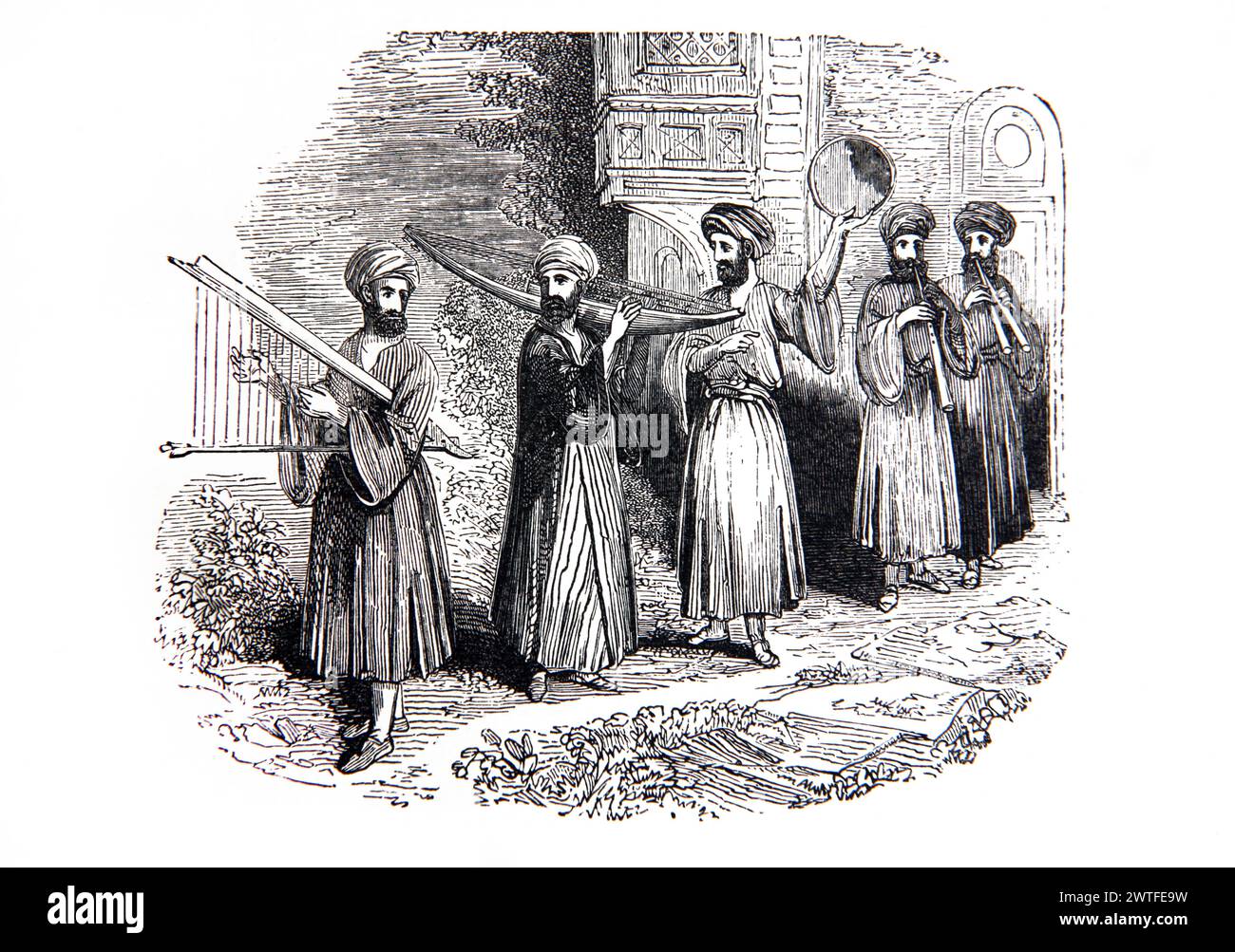 Illustration aus einer musikalischen Prozession mit antiken Instrumenten aus dem antiken 19. Jahrhundert illustrierte Familienbibel Stockfoto