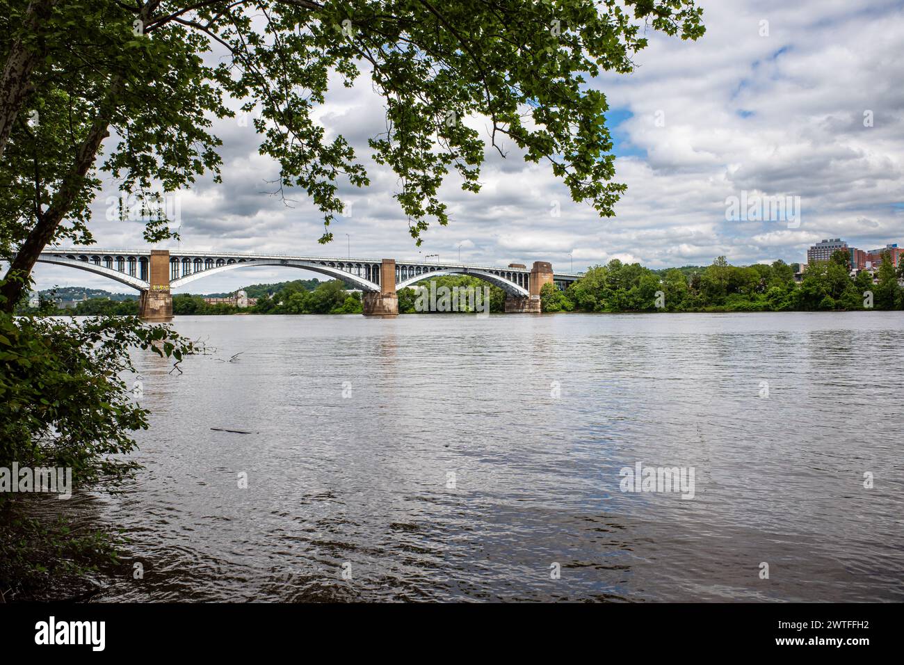 Die malerische 40th St Bridge überquert den Allegheny River in Pittsburgh, umgeben von leuchtenden grünen Bäumen. Stockfoto