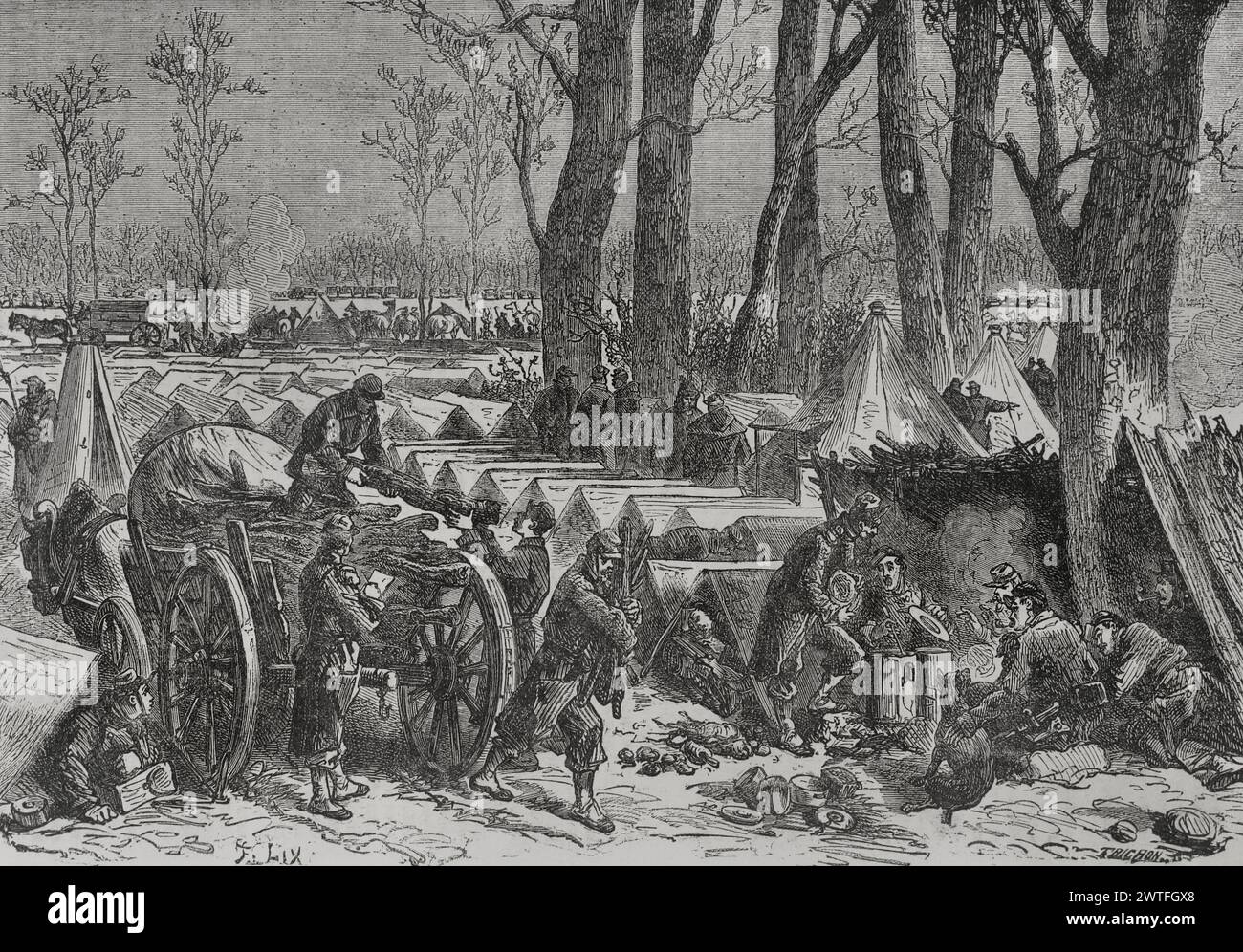 Deutsch-Französischer Krieg (1870–1871). Belagerung von Paris (19. September 1870 bis 28. Januar 1871). Biwak von General Ducrots Truppen im Wald von Vincennes. Stich von Trichon. Historia de la Guerra de Francia y Prusia (Geschichte des Krieges zwischen Frankreich und Preußen). Band II Veröffentlicht in Barcelona, 1871. Autor: Auguste Trichon (1814-1898). Französischer Graveur. Stockfoto