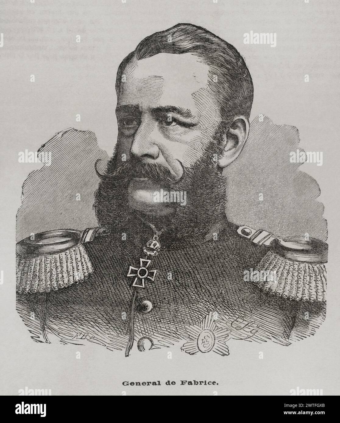 Alfred von Fabrice (Georg Friedrich Alfred von Fabrice) (1818-1891). Sächsischer Kavallerie-General und Politiker. Kriegsminister (1866–1891) und Regierungspräsident des Königreichs Sachsen (1876–1891). Hochformat. Gravur. Historia de la Guerra de Francia y Prusia (Geschichte des Krieges zwischen Frankreich und Preußen). Band II Veröffentlicht in Barcelona, 1871. Stockfoto