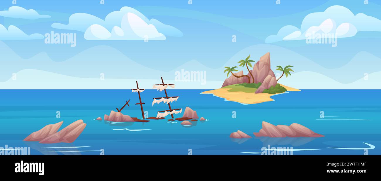 Unbewohnte Insel. Leere Wüsteninseln tropische Küste Panorama Cartoon Landschaft, allein in der karibik nach Schiffswrack robinson Konzept Spiel Himmel Hintergrund Vektor Illustration Stock Vektor