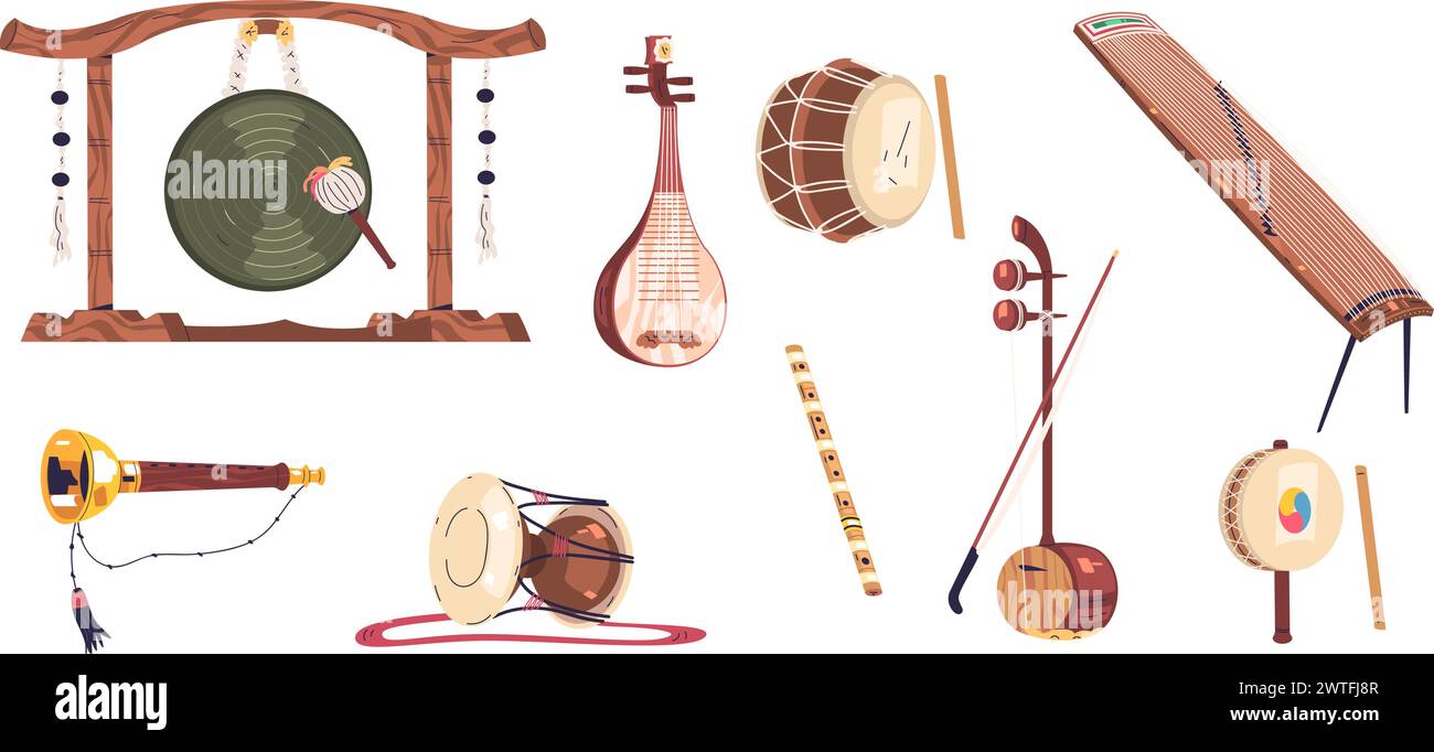 Koreanische Musikinstrumente. Traditionelles Musikinstrument von Korea, Piping Instrumentation für Festival Performance, chinesisches Loquat samulnori Drum gong, klassische Vektor-Illustration von korea Musical Stock Vektor