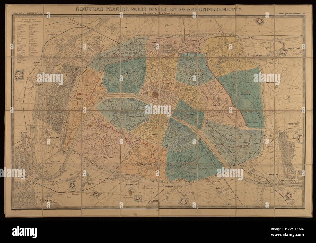 Nouveau Plan de Paris divisé en 20 Arrondissements : dans un rayon de 10 kilomètres / le Plan par CH. Smith, 1860. Smith, CH., Kartograf. 1860 enthält Vallée acht Ausgaben zwischen 1859 und 1884, von denen die ersten fünf Lithographien von Mangeon oder Goyer entstanden. Siehe L. Vallée, Catalogue des Plans de Paris, 1935-1942. Zeigt öffentliche Arbeiten in Bearbeitung oder geplant, die Teil von Haussmanns Umgestaltung von Paris waren. Maßstab nicht angegeben. Auf der Rückseite der Getty-Kopie befindet sich ein achteckiges geätztes Etikett von: Heuguet, marchand d'estampes, Quai Voltaire, 5 et 7, à Paris. Stockfoto