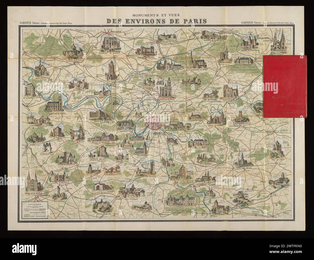 Nouveau Paris monumental : itinéraire pratique de l'étranger dans Paris / gravé par L. Poulmaire. Monuments et Vues des environs de Paris, ca. 1909. Poulmaire, L., Graveurin. [Ca. 1909] zwei Karten gedruckt auf einem Blatt Pergament, eine Vogelperspektive von Paris auf Recto und eine vertikale Projektion der Pariser Region auf der Rückseite. Undatiert, aber der Blick auf Paris umfasst U-Bahn-Linien in Betrieb und im Bau; die jüngste Linie, die als in Gebrauch gezeichnet wurde (étoile-Nation), wurde 1909 eröffnet, was auf ein Veröffentlichungsdatum in oder um dieses Jahr hindeutet. Nicht in Vallée, wo auch eine Ausgabe von 1900 aufgeführt ist Stockfoto