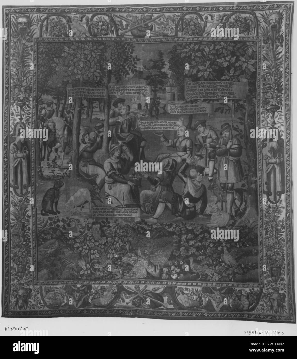 Landmahlzeit. Leclerc, Jean (Französisch, 1587-1633) (entworfen nach) [Druckerei] ca. 1625-1675 Gobelin Abmessungen: H 11'2' x B 11'10' Gobelin Materialien/Techniken: Unbekannt Kultur: Flämisches Weberzentrum: Brügge Besitz Geschichte: Verkauft bei American Art Association (Verkauf von Emile Jellinek-Mercedes), 20.02.1926, Los 12. French & Co. Erhalten von G. J. Jacobson, in Rechnung gestellt am 2.11.1936; zurückgegeben am 18.2.1939. Inschriften: Inschrift im zentralen Feld auf Banderole, links unten: SANS SOUVCY VIVONS ET SANS SOMME /.. Inschriften: Inschrift im zentralen Feld auf Banderole, links oben: ALISON CEST PLAISANT BVT Stockfoto